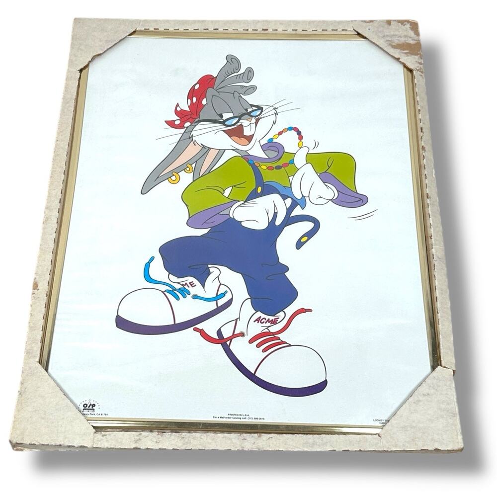 Vintage OSP Bugs Bunny Hip Hop Rapper Baggy Looney Tunes‎ Poster Framed 1993 New